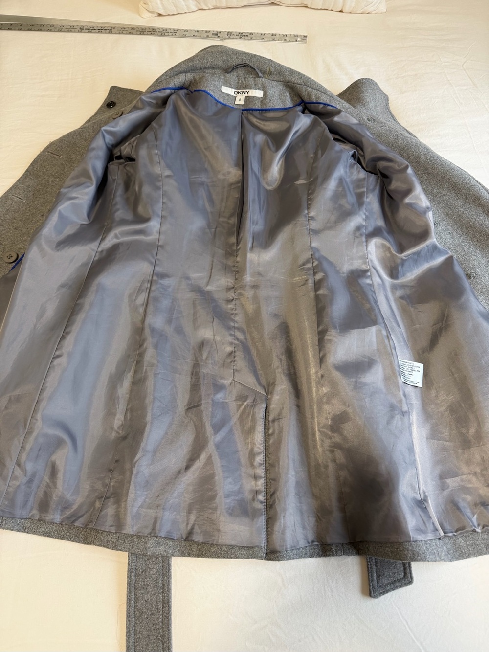 DKNY Grey Wool Blend Double Breasted Belted Coat Size 4 - Picture 9 of 12